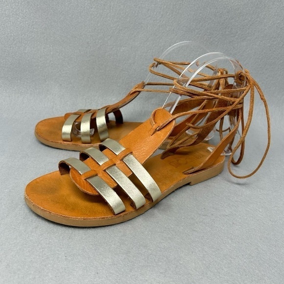 Kallipous Handmade Tan And Gold Leather Lace Up Gladiator Sandals, Women Sz 37. - Picture 1 of 13